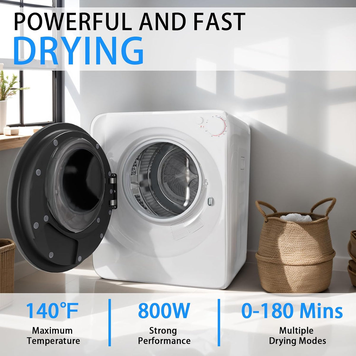 1.6 Cu.Ft Portable Clothes Dryer, 800W Fast Drying Front Load Laundry Dryer with 5 Mode, Mini Electric Clothing Dryer with Stainless Steel Tub, Compact Machine for Apartment, Home, Dorm