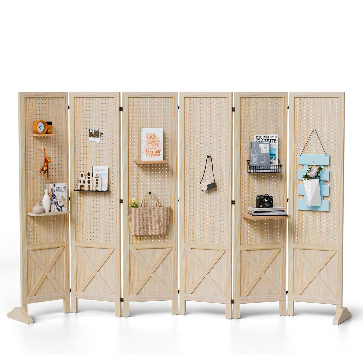 VINGLI Freestanding Pegboard with Support Feet, 5 FT Wood Room Divider Display Board Organizer, Folding Privacy Screen Partition Space Separator for Craft Shows Events Retail (Natural, 4 Panel)