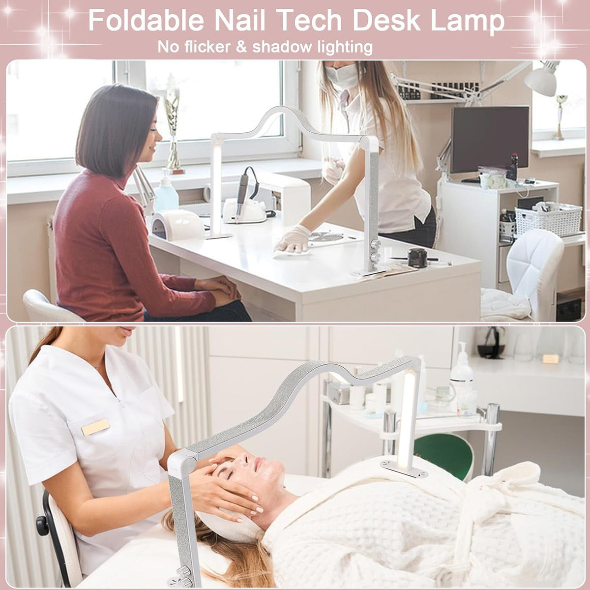 Half Moon Light for Nail Desk,35 in Half Moon Led Light for Table Nail,Foldable Nail Tech Lamp for Desk,3000-6000K Dimmable Half Moon Nail Light,for Eyelash Tech,Spa,Salon Lash Light, Pink