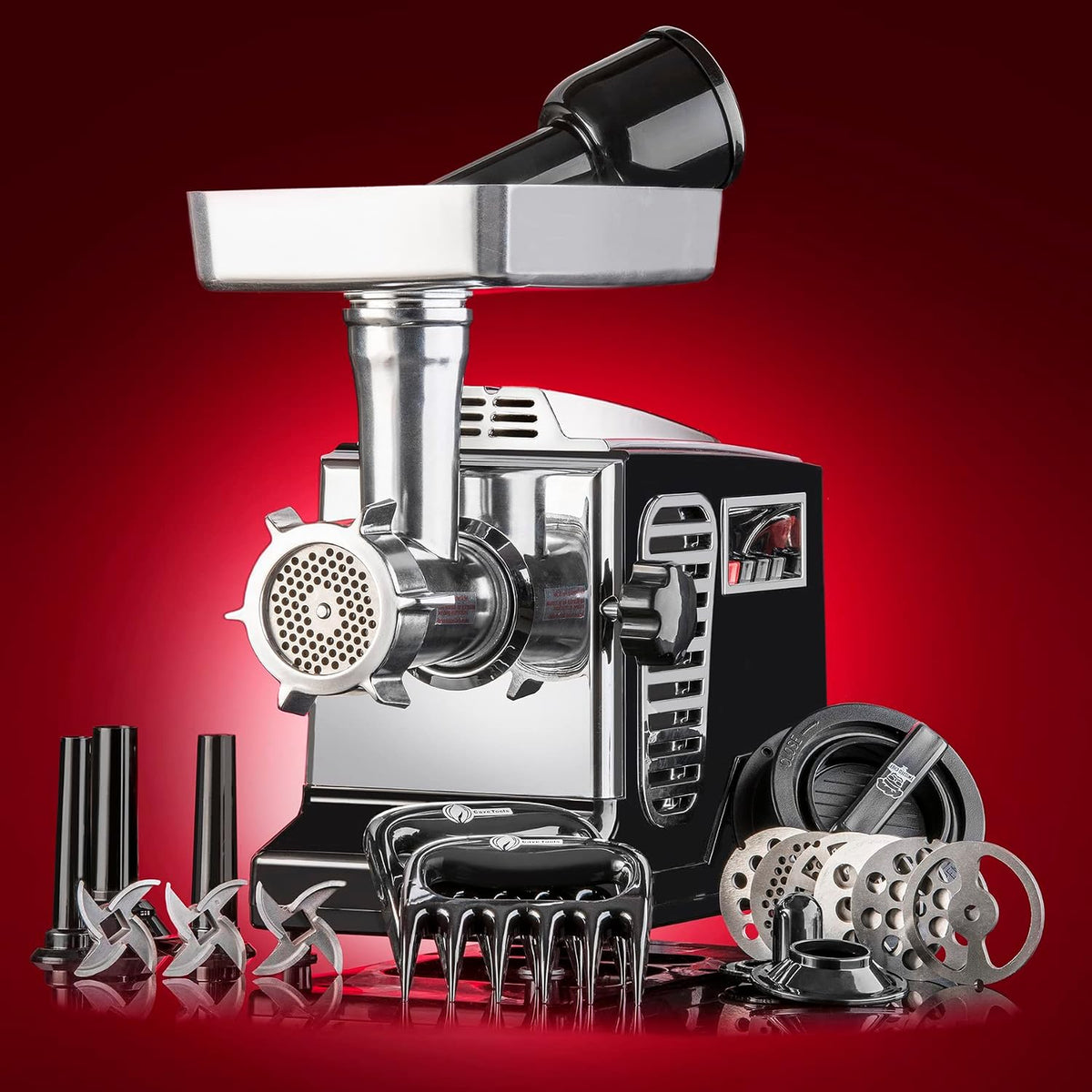STX Turboforce II "Platinum" Heavy Duty Electric Meat Grinder & Sausage Stuffer: 6 Grinding Plates, 3 S/S Blades, 3 Sausage Tubes, Kubbe, 2 Meat Claws, Burger-Slider Patty Maker - Black