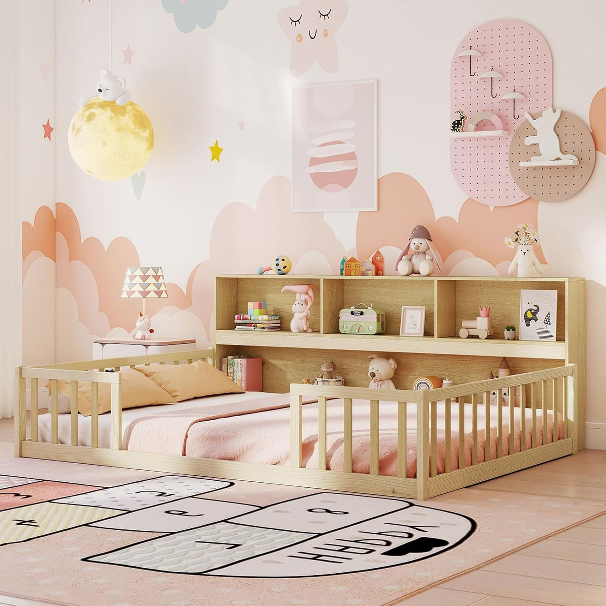 GIANTEX Full Size Floor Bed for Kids, Wooden Montessori Bed Frame with Bookcase, Storage Shelves & Safety Fence Rails, Floor Beds Full for Girls, Boys, No Box Spring Needed, Without Slats, Natural