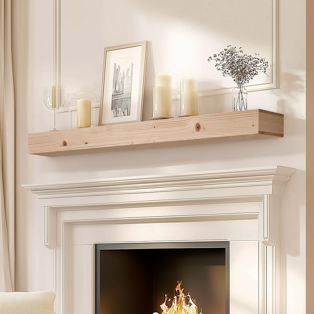 60x8x3in Rustic Fireplace Mantel Pine Wood, Weathered Brown