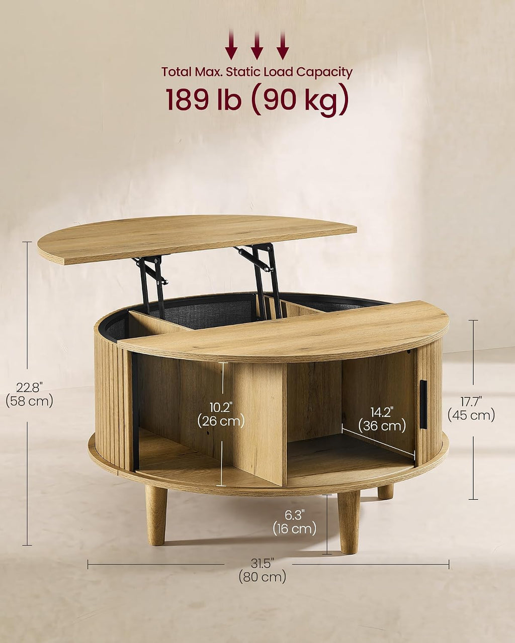 VASAGLE Round Coffee Table, Lift Top Coffee Table with Tambour Sliding Door