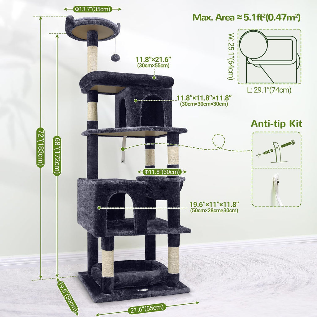 Globlazer S72 Heavy Duty Cat Trees for Large Cats 20 lbs+, Dark Gray