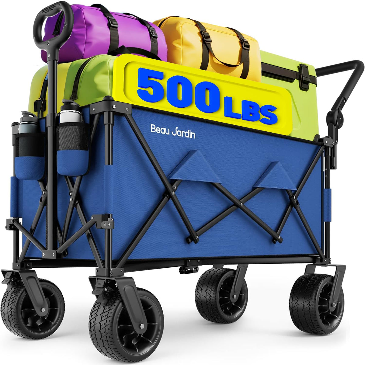 Beau Jardin Folding Push & Pull Beach Wagon 500 lbs Collapsible Foldable Wagons with Push Handle All Terrain Wheels Grocery Utility Camping Skiing Ice Fishing Sports Garden Wagon Cart Black