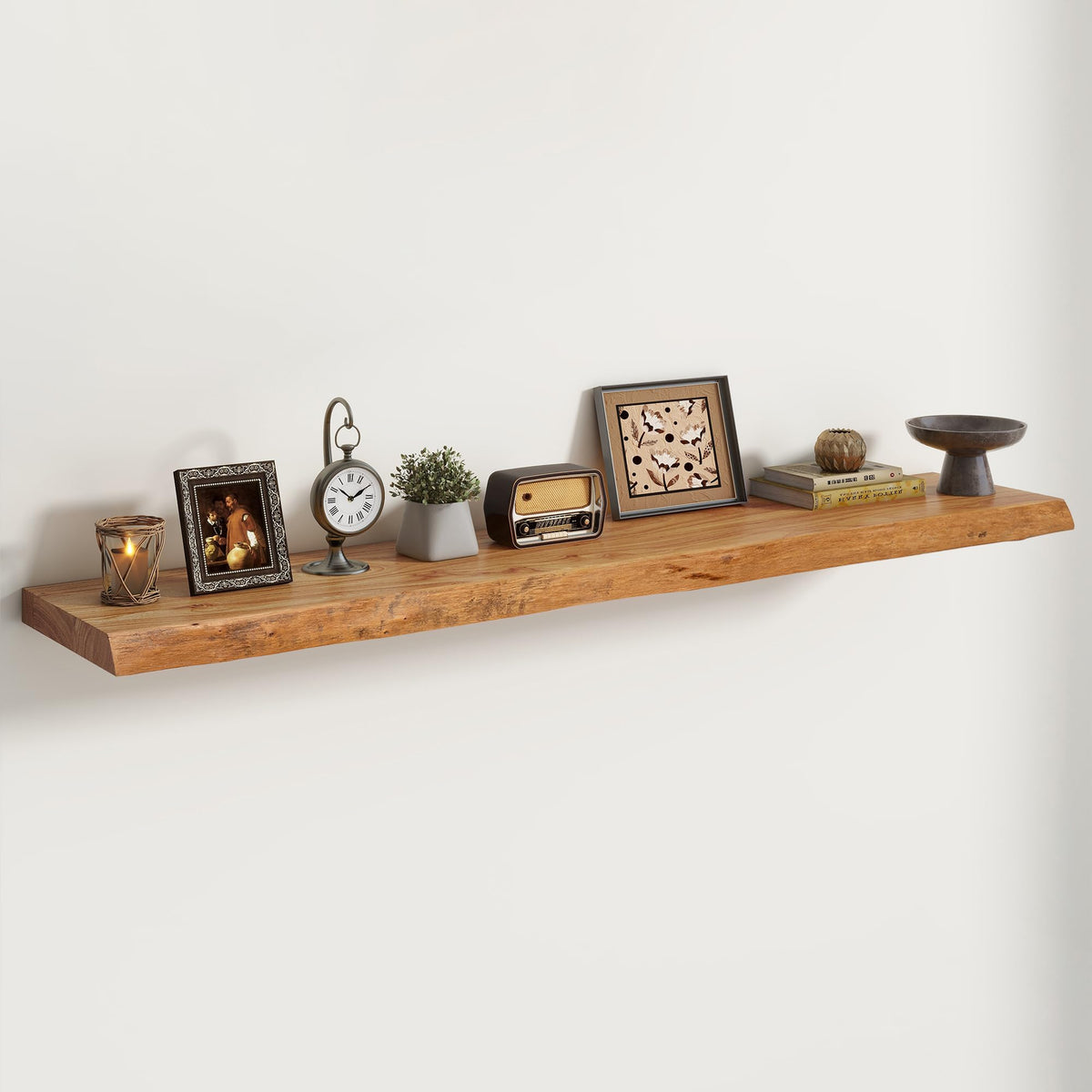 Live Edge Elm Floating Shelves - 24 In Rustic Solid Wood Shelves with Heavy-Duty Invisible Bracket, Wall-Mounted Wooden Shelf for Living Room, Bathroom, Kitchen Storage & Display, Set of 2, Natural