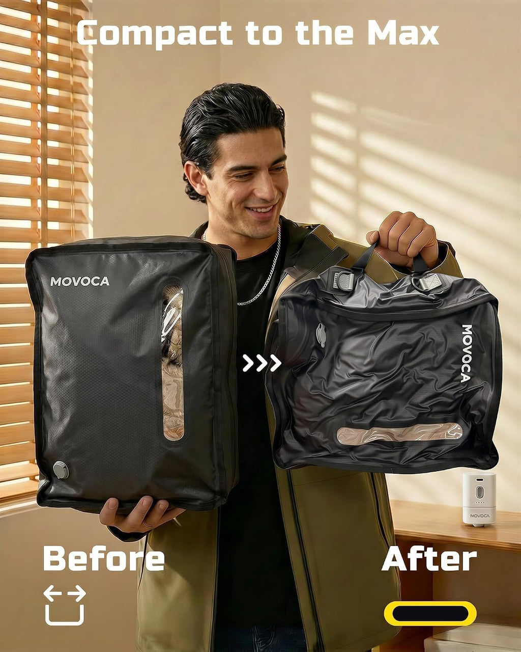 MOVOCA 3 Pack Vacuum Bags for Travel with Pump, Compression Packing Cubes