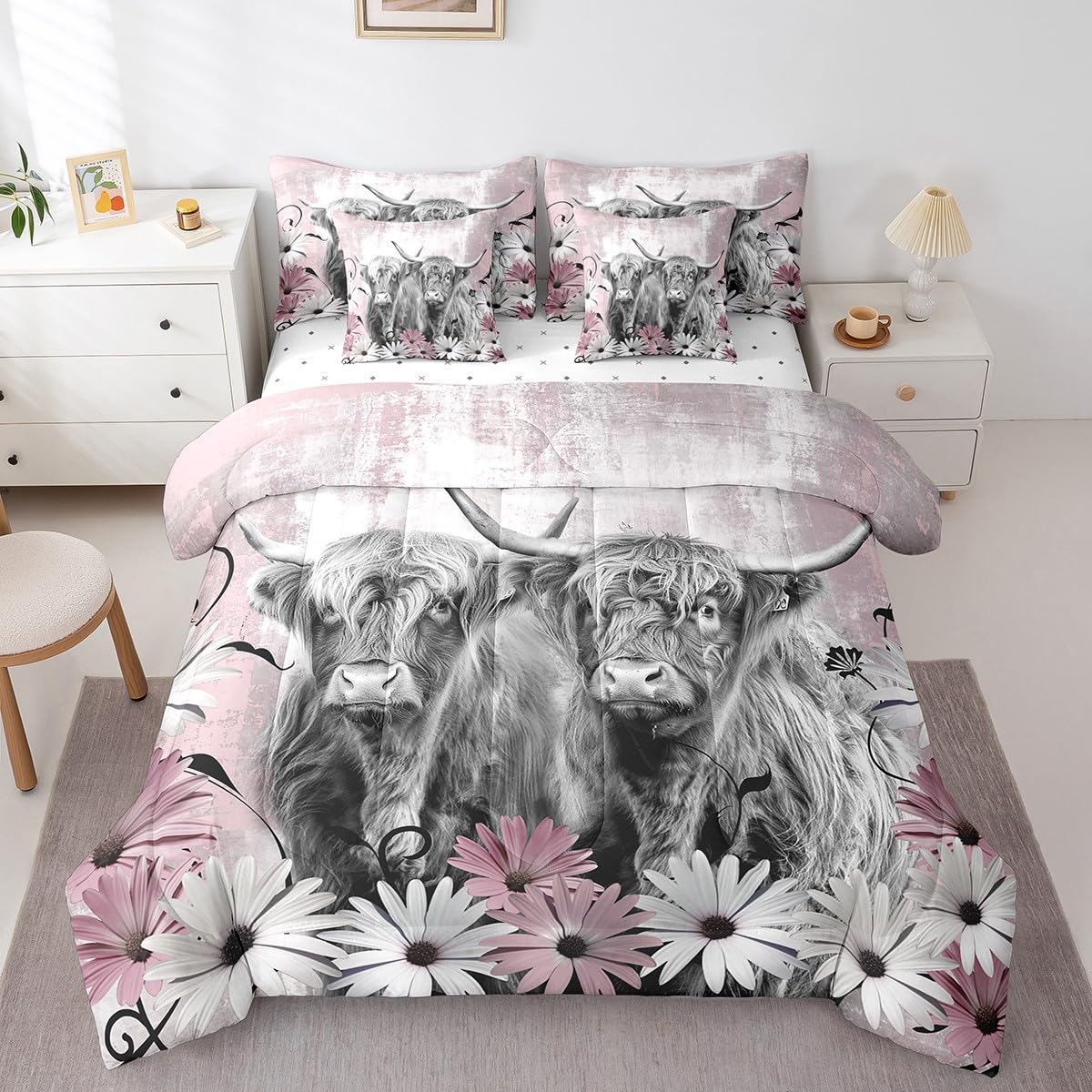 Erosebridal Brown Cow Print King Comforter Set 7 Piece, Simulated Black Cowhide Western Farmhouse Bedding Sets with Sheets, Rustic Highland Cow Skin Bed in a Bag with Fitted Flat Sheet, Pillowcases