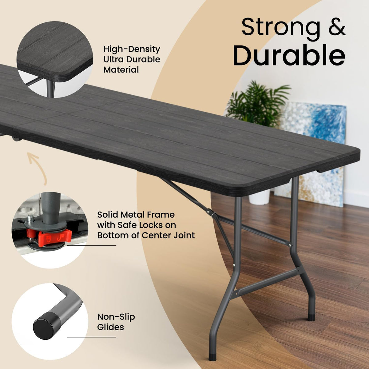 Our Modern Space 8 Feet Foldable Table with Built in Handle & Steel Legs | 8 FT Heavy Duty Portable | Perfect for Party, Dining, Wedding, Events, Picnic Indoor, Outdoor, Camping, Temporary - 8 Foot