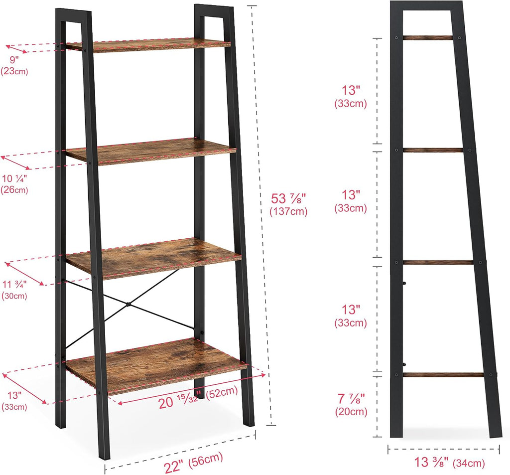 Ladder Shelf Bookcase, 4-Tier Bookshelf, Leaning Plant Stand, Storage Rack, Display Shelves with Steel Frame, Industrial Style for Living Room, Home Office, Kitchen, Bedroom - Rustic Brown and Black