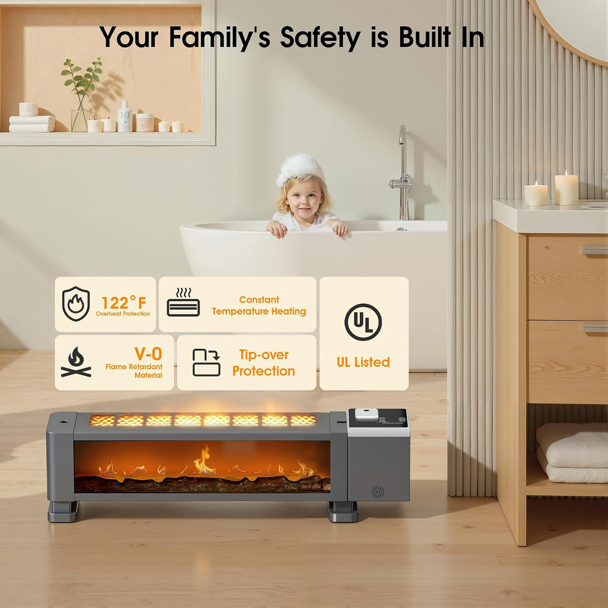 1800W Electric Baseboard Space Heater with Humidifier, 3D Flame