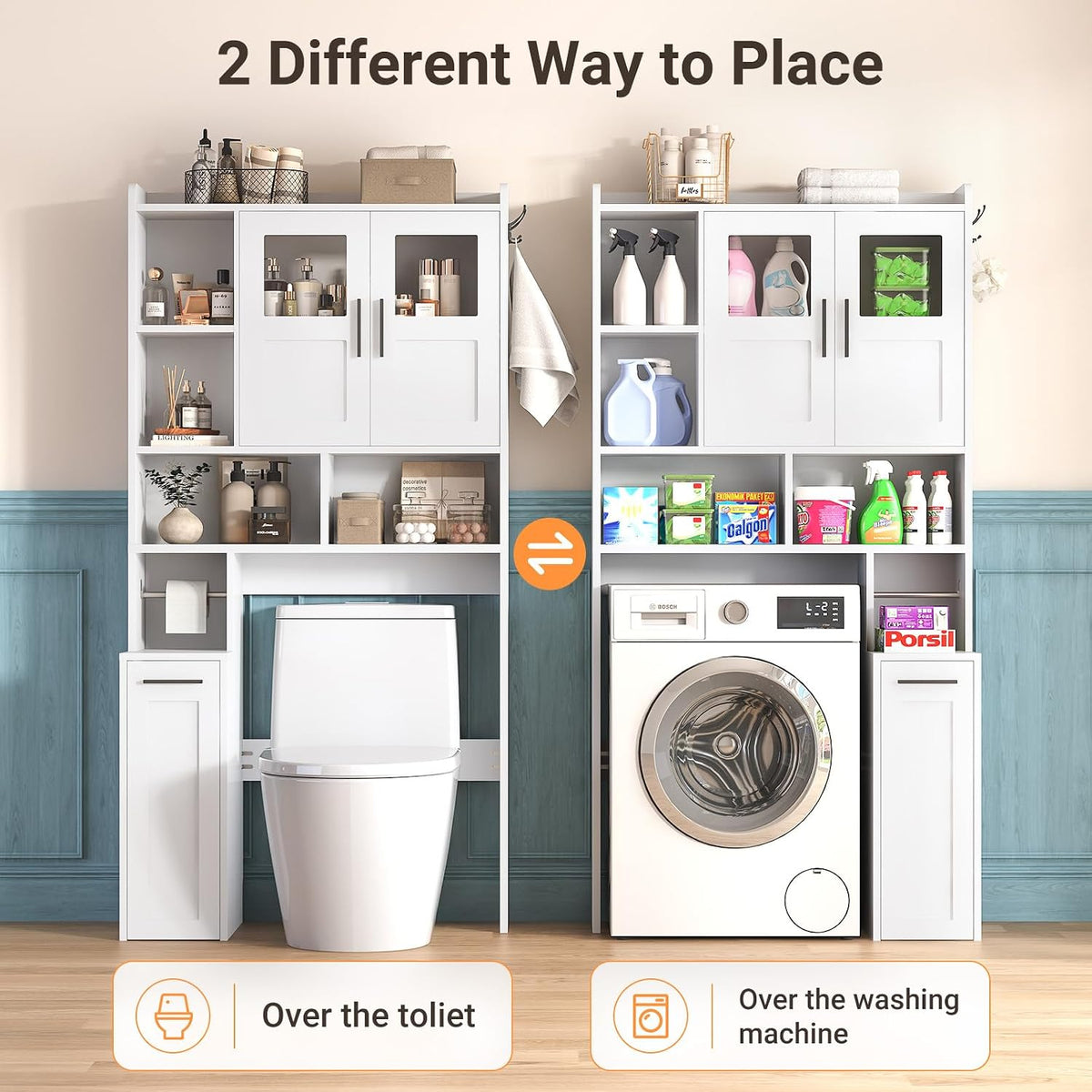 ELYKEN Over The Toilet Storage Cabinet with Acrylic Doors & Pulley, White