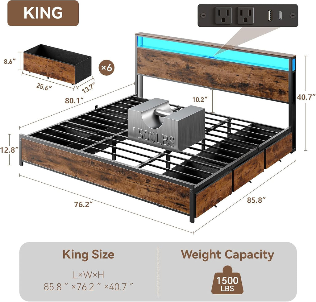 Forestell King Size Bed Frame with 2-Tier Storage Headboard & 6 Drawers