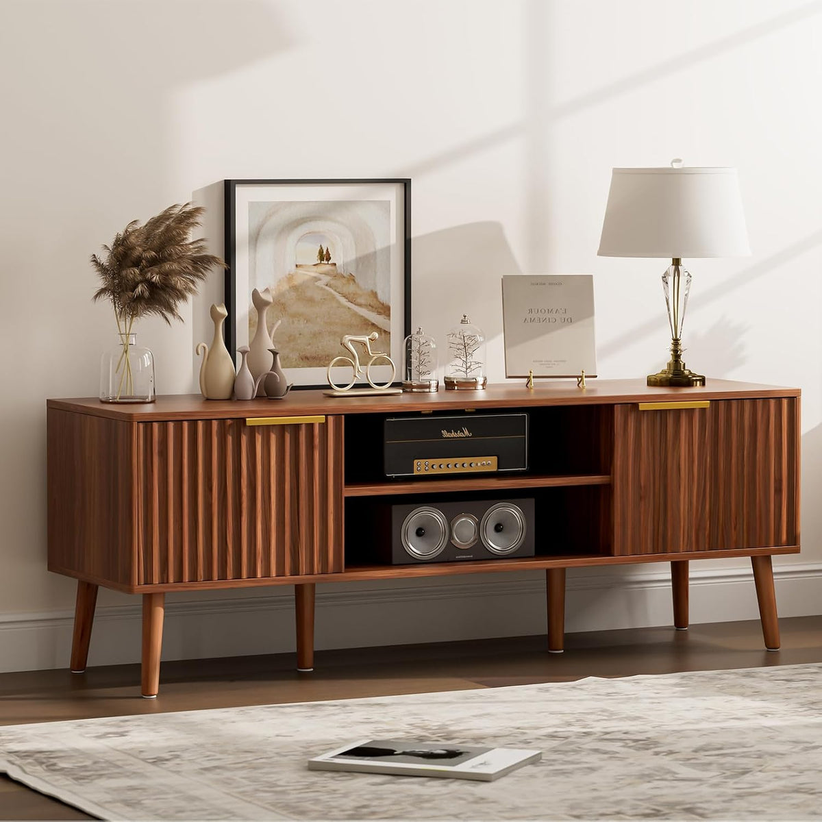 LCRBOL TV Stand with Fluted Doors for TVs up to 65", Mid-Century, Walnut