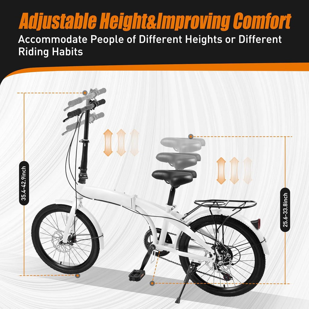 20-Inch Folding Bike with 7-Speed, Lightweight Collapsible Bicycle for City Commuting, Foldable Bikes w/ Elevable Handlebars & Adjustable Seat Height, 7-Gear Transmission Disc Brakes for Traveling