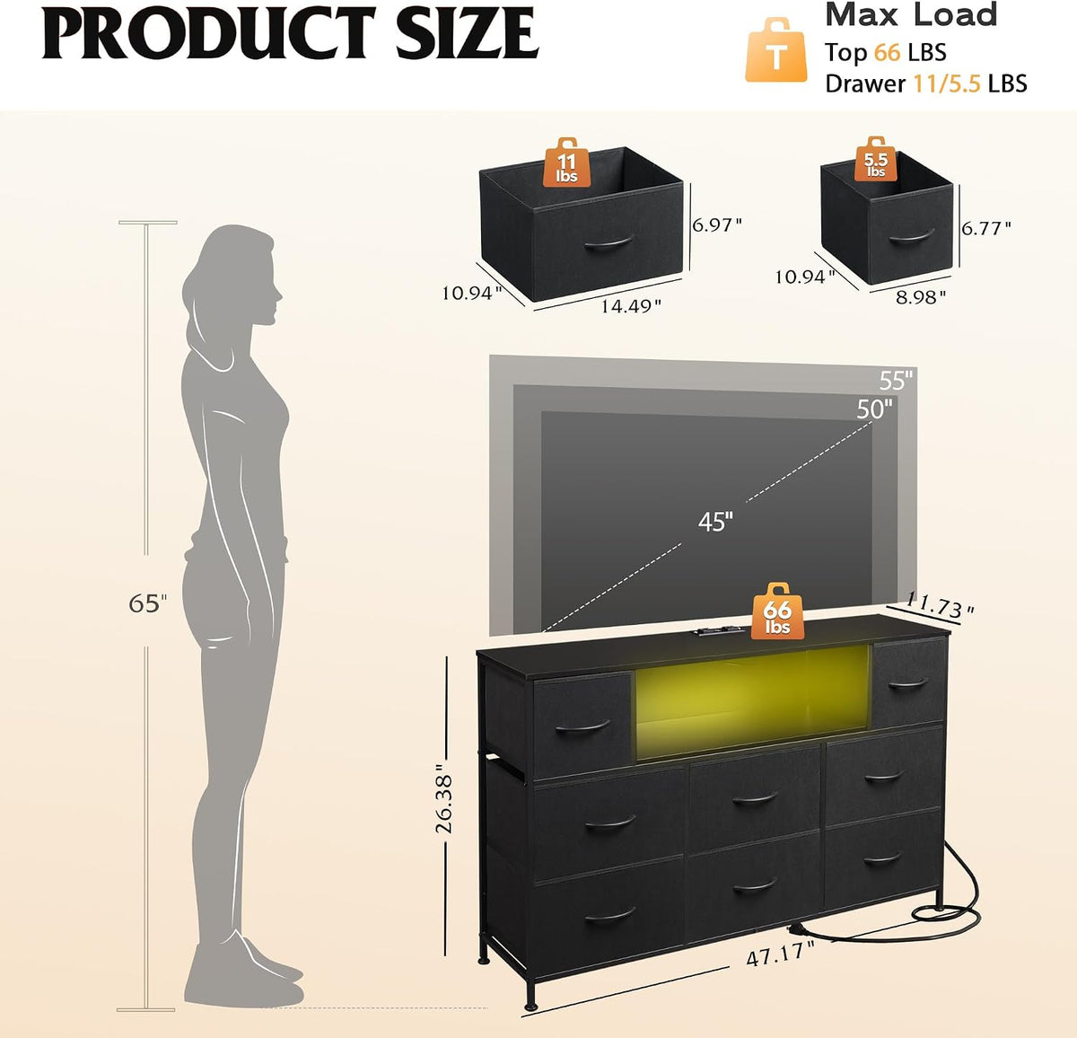 WLIVE LED Black Dresser TV Stand for 55 Inch TV, 8 Drawers