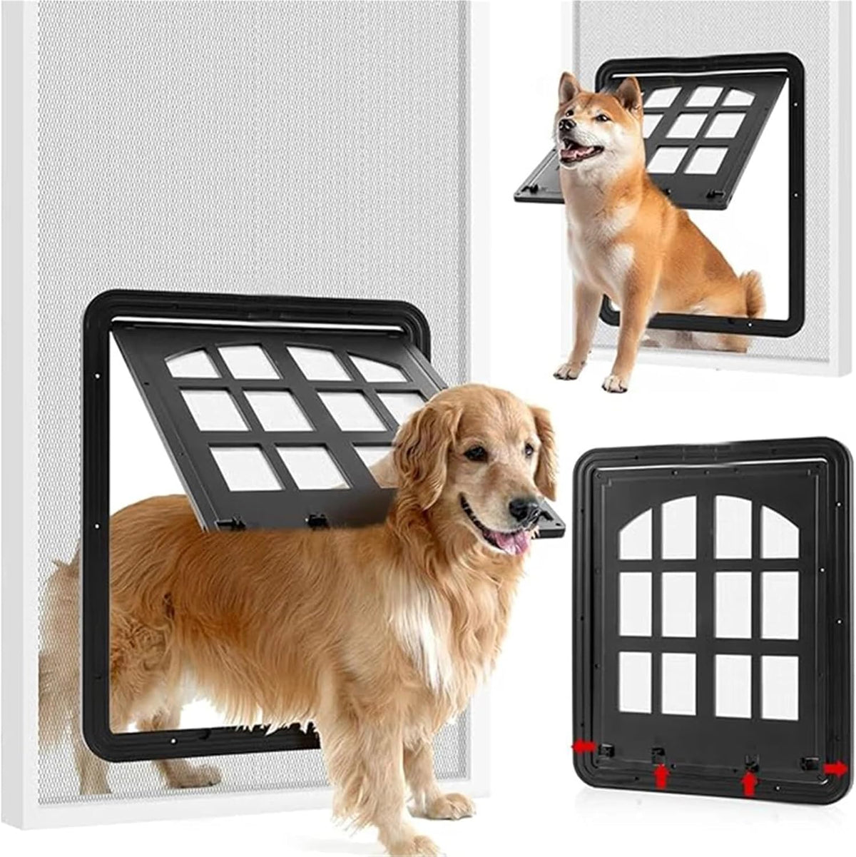Large Dog Screen Door with Flap Opening | Self-Closing Pet Door for Dogs and Cats with 4 Entry Ways Large Animal Door(White,L) (Black S)