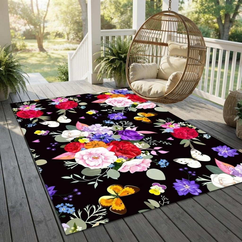 Beautiful Elegant Multicolor Outdoor Rug 7x10 Natural Floral Butterfly Texture Waterproof Thin No Shedding Easy Care Outside Rugs for Patios Deck Pool Garden Balcony Backyard Beach Floor Mat