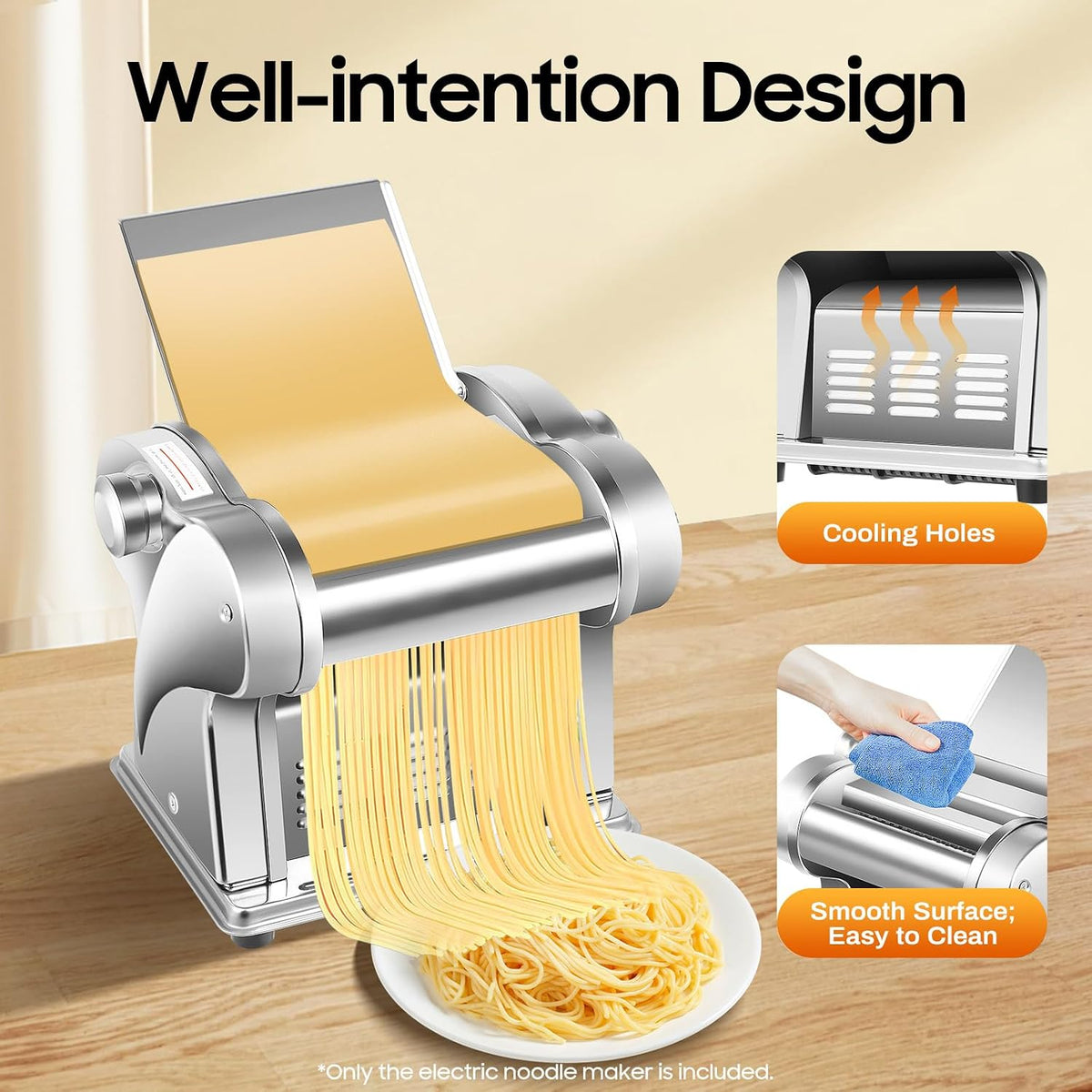 Bacocoo 2-in-1Pasta Maker with 8 Adjustable Thickness, Settings Noodle Maker with Rollers and Cutter, Make Spaghetti, Fettuccini, Lasagna, & More.(135W 110V)
