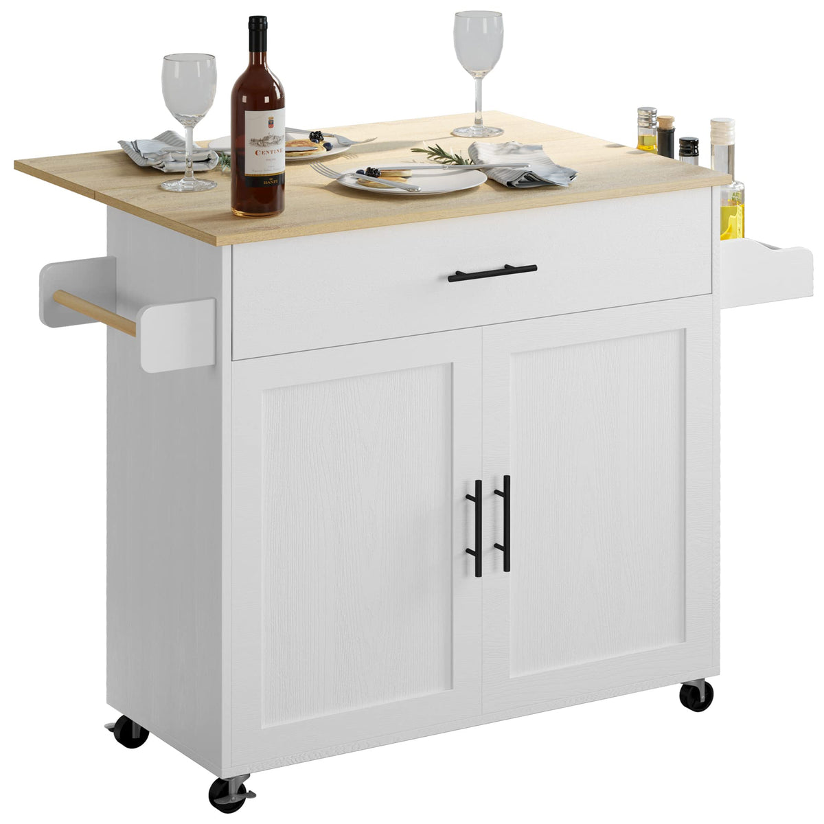 IRONCK Kitchen Island Table on Wheels with Drop Leaf, 47.25" Wide Black