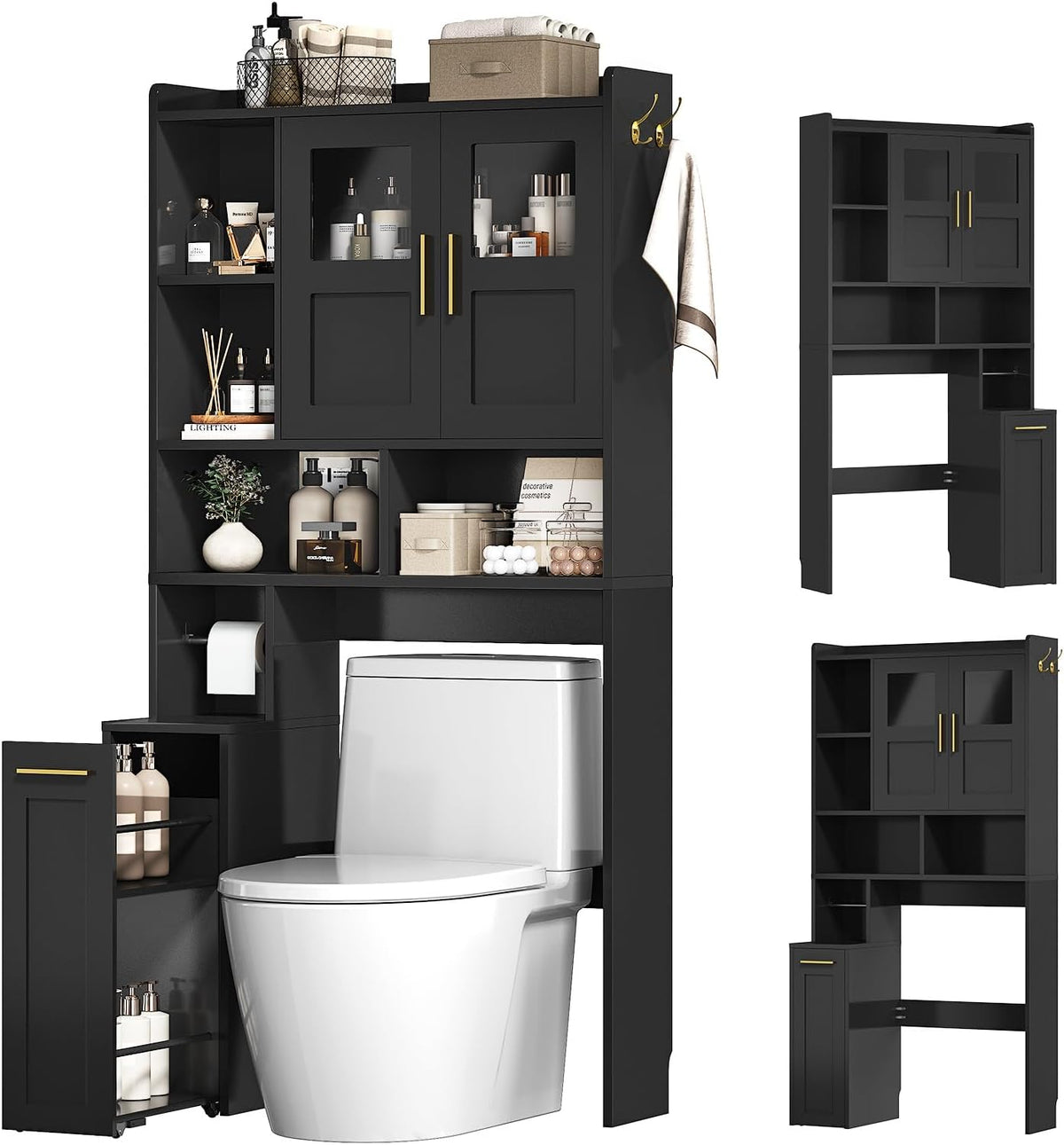 ELYKEN Over The Toilet Storage Cabinet with Pulley & Acrylic Doors, Black