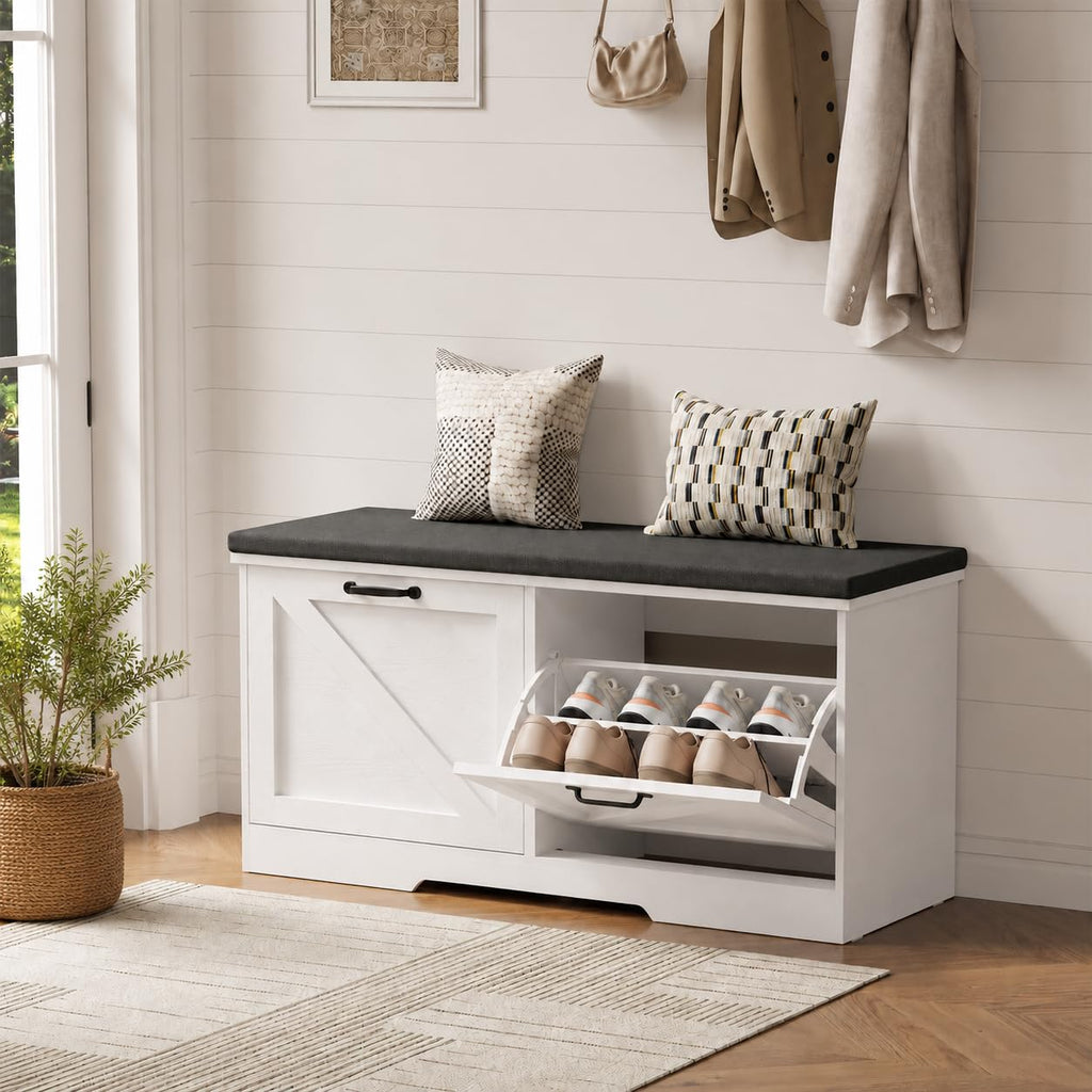 Farmhouse Shoe Storage Bench with Seat Cushion & 2 Flip Drawers