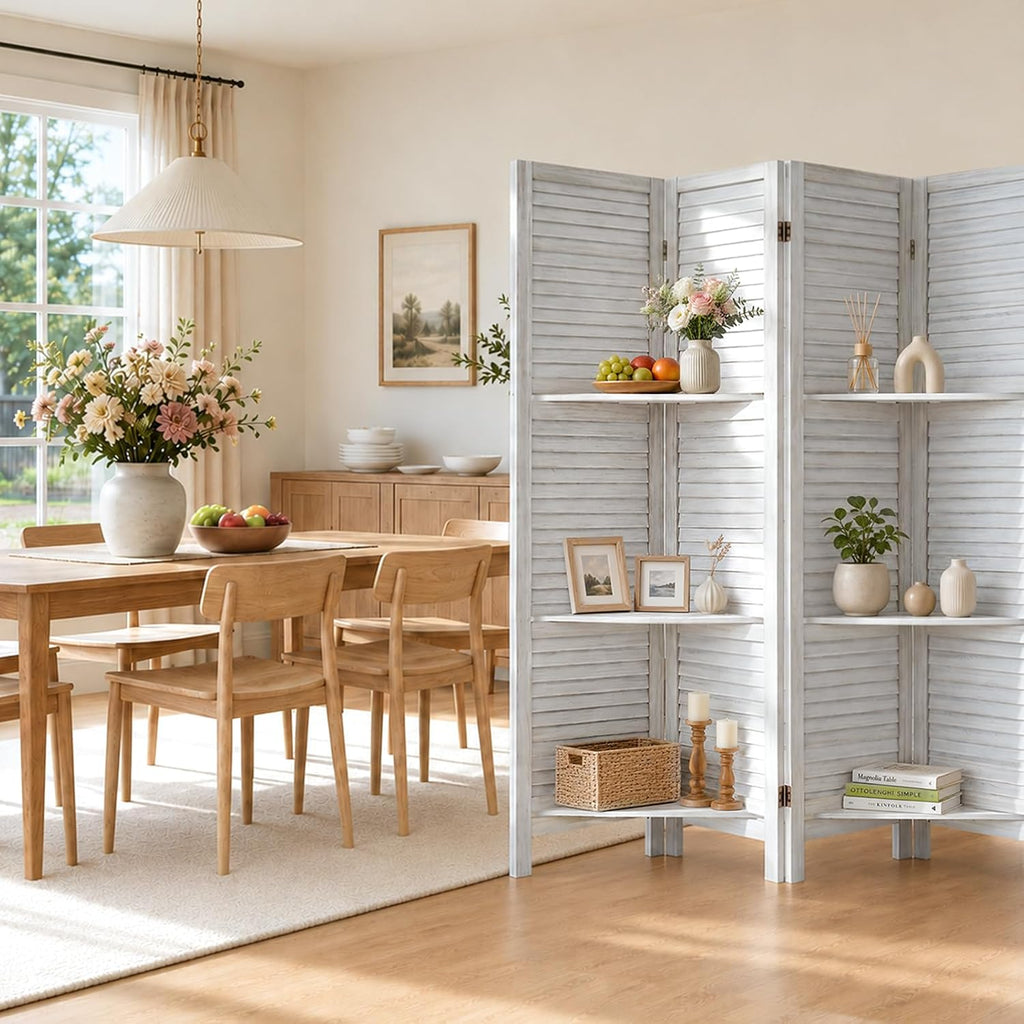 TEAKMAMA Room Divider, Room Divider with Shelves, 4 Panel,Distressed White