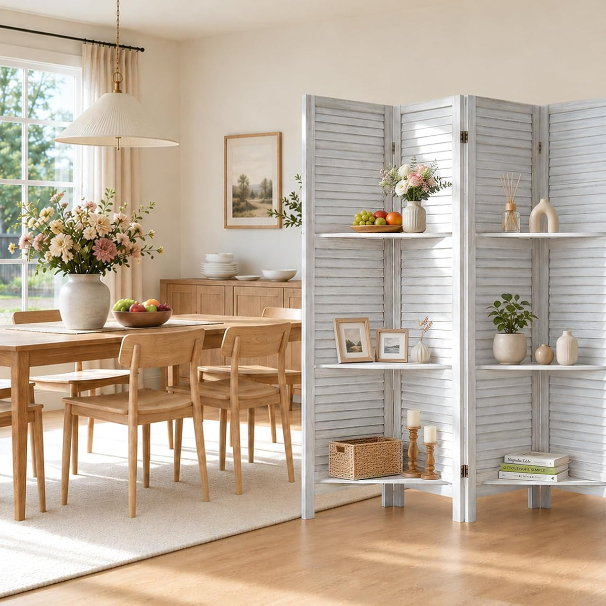TEAKMAMA Room Divider, Room Divider with Shelves, 4 Panel,Distressed White