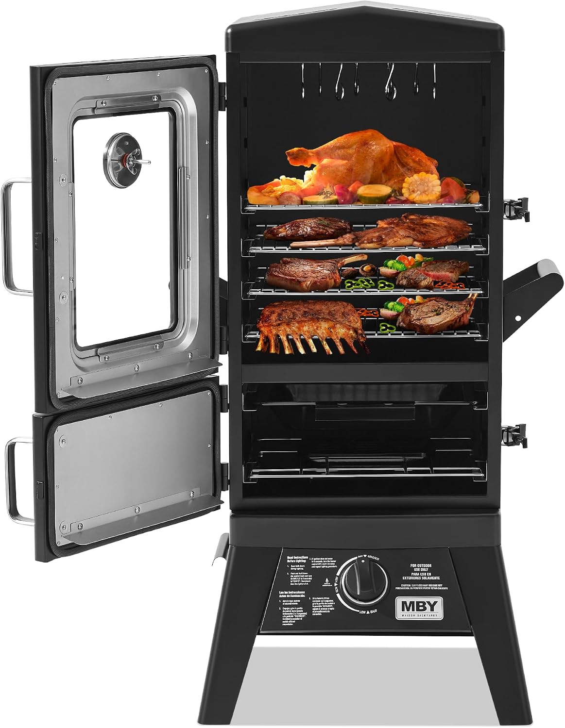 Propane Smoker with Cover, Vertical Smoker Grill with Temperature Control Outdoor Heavy Duty Three Removable Smoking Shelves, Metal Black