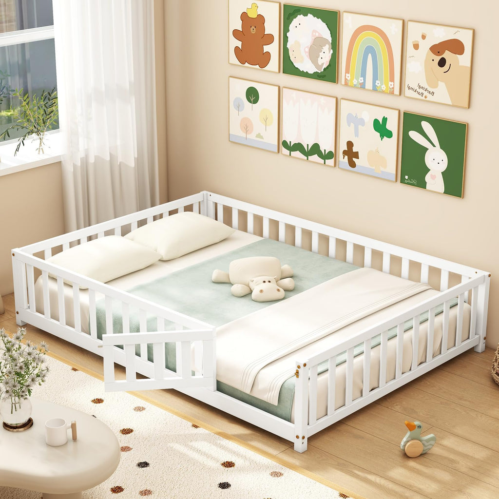 GIANTEX Twin Floor Bed with Fence for Kids, Wooden Montessori Bed Frame with Lockable Door & Guardrails, Low Floor Beds for Kids, Boys, Girls, No Box Spring Needed, Without Wood Slats, White