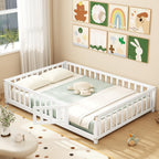 GIANTEX Twin Floor Bed with Fence for Kids, Wooden Montessori Bed Frame with Lockable Door & Guardrails, Low Floor Beds for Kids, Boys, Girls, No Box Spring Needed, Without Wood Slats, White