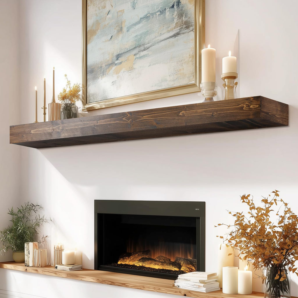 60x8x3in Rustic Fireplace Mantel Pine Wood, Weathered Brown