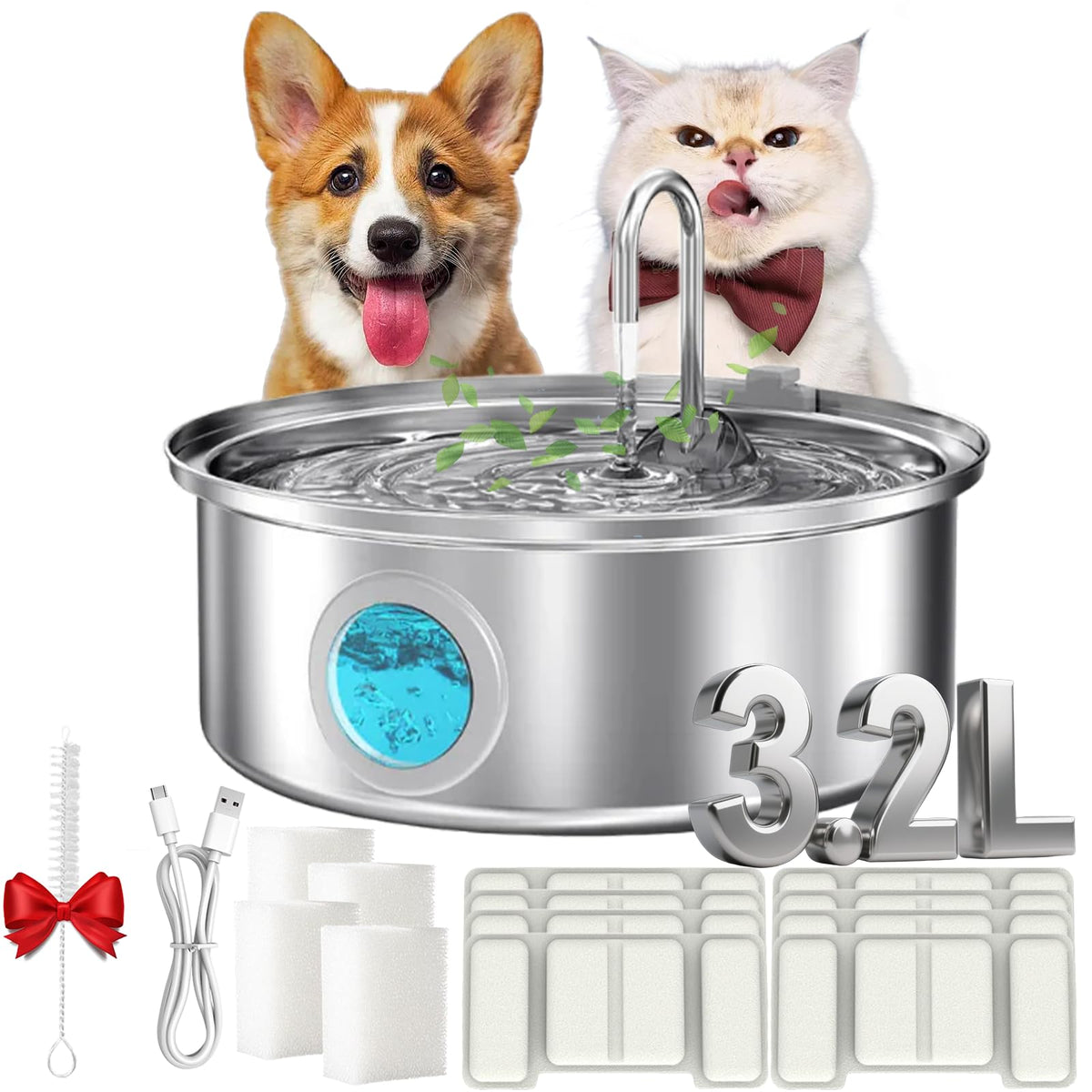 Water Fountain for Cats, 2026 New Stainless Steel Water Fountain, Ultra-Quiet Cat Fountain with 2 Filters, 3.2/7L(108/236oz) Cats Essentials Water Fountains for Cat, Dog (4Filters, 7L)