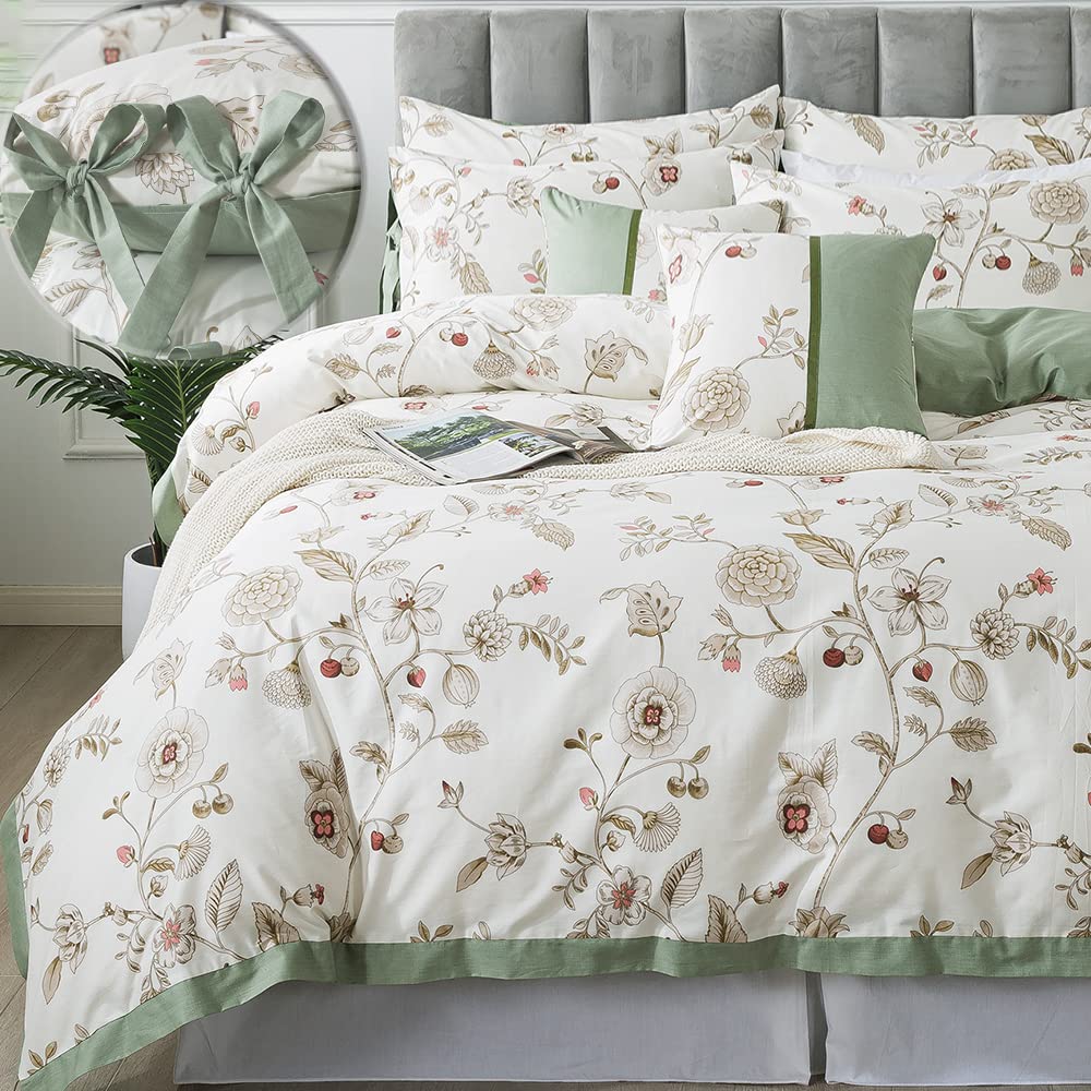 FADFAY Floral Duvet Cover Set 100% Cotton Green Striped and Beige Bedding White Flower Branches Print 600 TC Soft Reversible Zipper Bed Cover & 2 Pillowcases,King/Cal King(106x92)