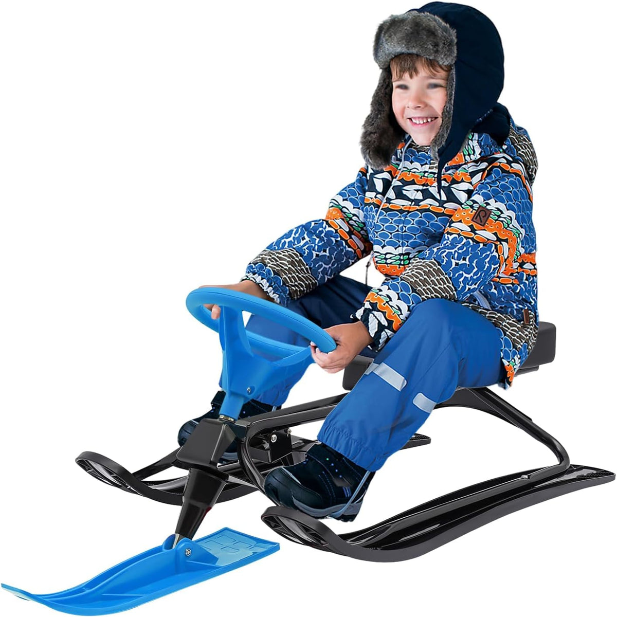Snow Racer Sled with Steering Wheel and Brakes, Durable Steel Frame, Downhill Steerable Sled for 220 LBS Kids, Teenagers, Adults