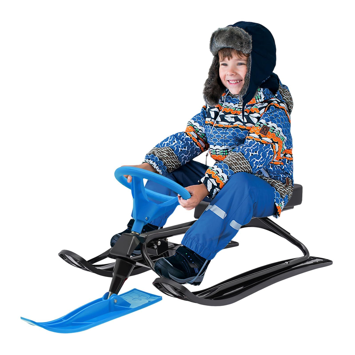 Snow Racer Sled, 18 in Ski Sled Slider Board with Flexible Steering Wheel, Two Serrated Brakes for Kids and Adult, Kids Teens Winter Sport Ski Sled Board- Ideal Gift - Max Weight 220.5lb