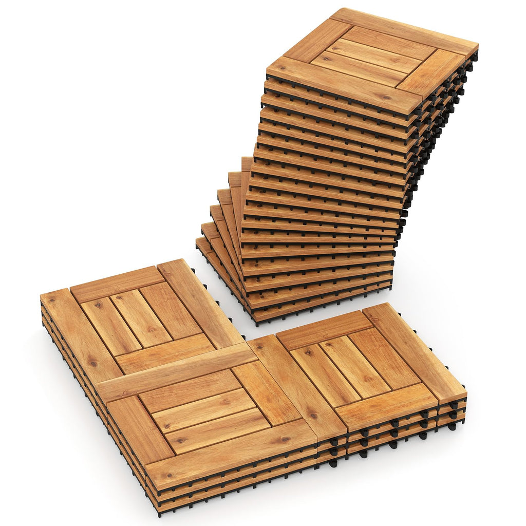 Goplus 12-Pack Acacia Wood Interlocking Deck Tiles (12 PCS,Brick)