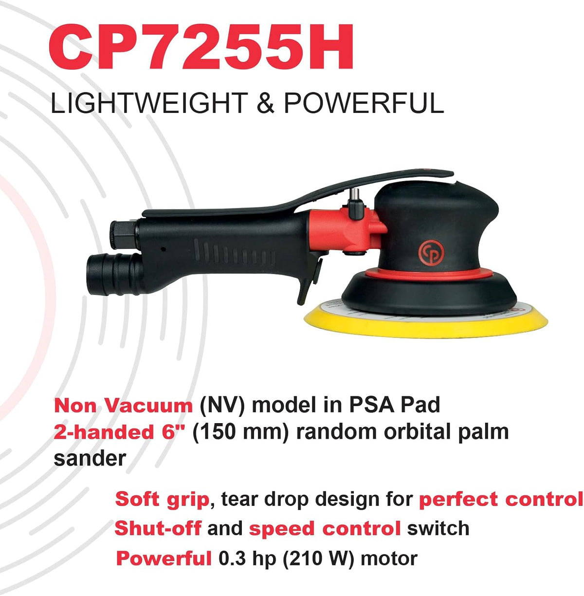 Chicago Pneumatic CP7255H - 6 Inch (150 mm), Air Random Orbital Sander Tool, Non-Vacuum, PSA, 0.28 HP / 210 W, 11000 RPM, Home Improvement, Woodworking, Polisher, Heavy Duty