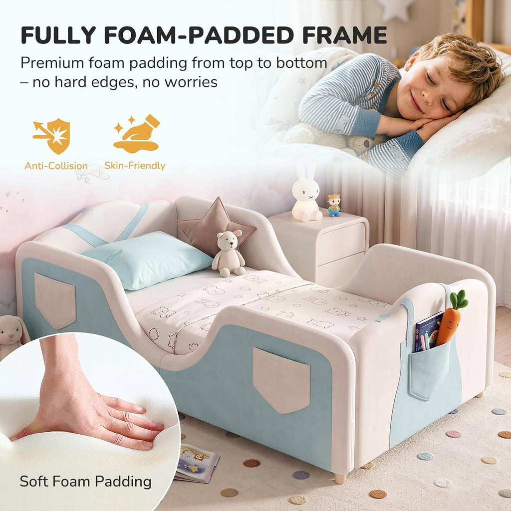DoCred Toddler Bed, Upholstered Montessori Floor Bed with Dual Entrances