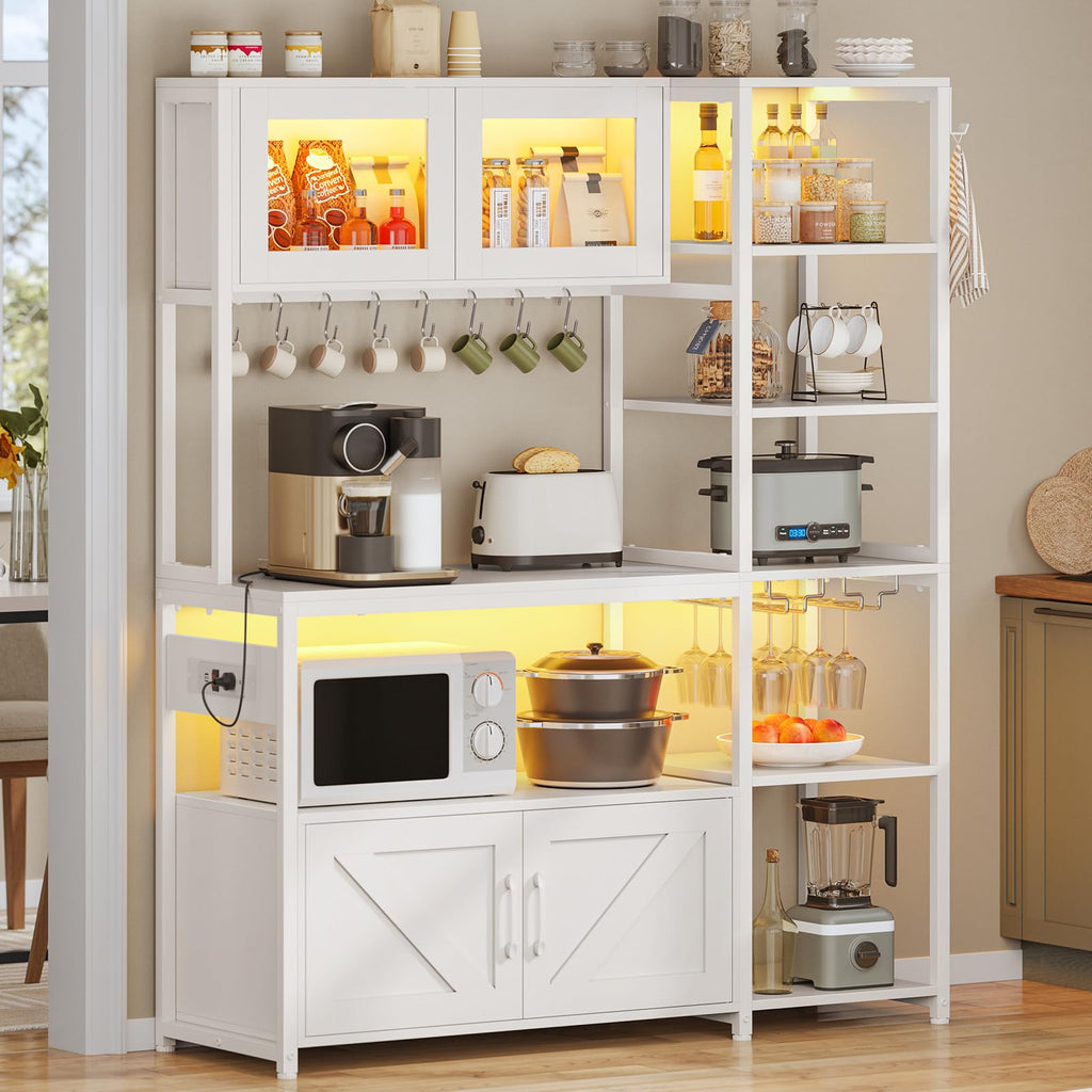 Itaar Bakers Rack with Power Outlet and LED Light, 45.3 Inch Farmhouse Coffee Bar Cabinet, Kitchen Microwave Stand with Storage, Glass Cabinet, Goblet Holder and 8 Hooks, Black