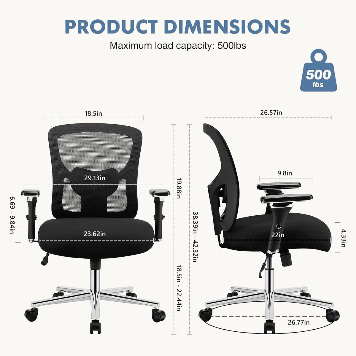 DUMOS Big and Tall Office Desk Chair, 500lbs Heavy Duty Mesh Chair