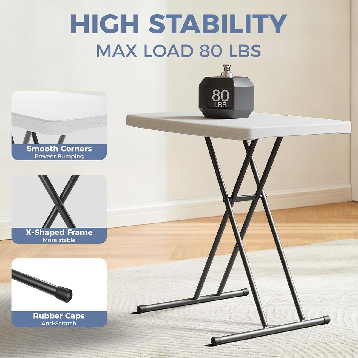 30 Inch Folding Table, Adjustable Height Portable Folding Table, Foldable TV Tray Table, Small Laptop Desk & Picnic Table for Indoor Outdoor Use, Bedroom, Camping, Patio, BBQ, RV