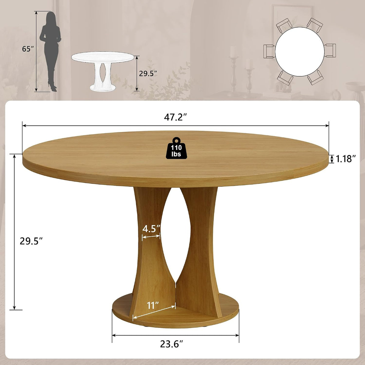 Einhomn 47.2-inch Round Dining Table, Kitchen Table for 4-6, Farmhouse Circle Dining Room Table, Space Saving Wood Kitchen & Dining Room Furniture, Oak