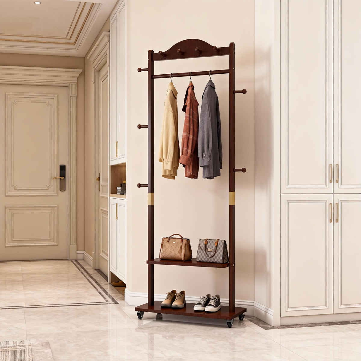 Solid Wood Coat Rack, Freestanding Clothes Rack with Wheels—Heavy Duty Clothes Rack with 2 Shelves, 4 Top Hooks & 5 Side Hooks Ideal for Wallets, Hats, Shoes, Clothes(Natural)
