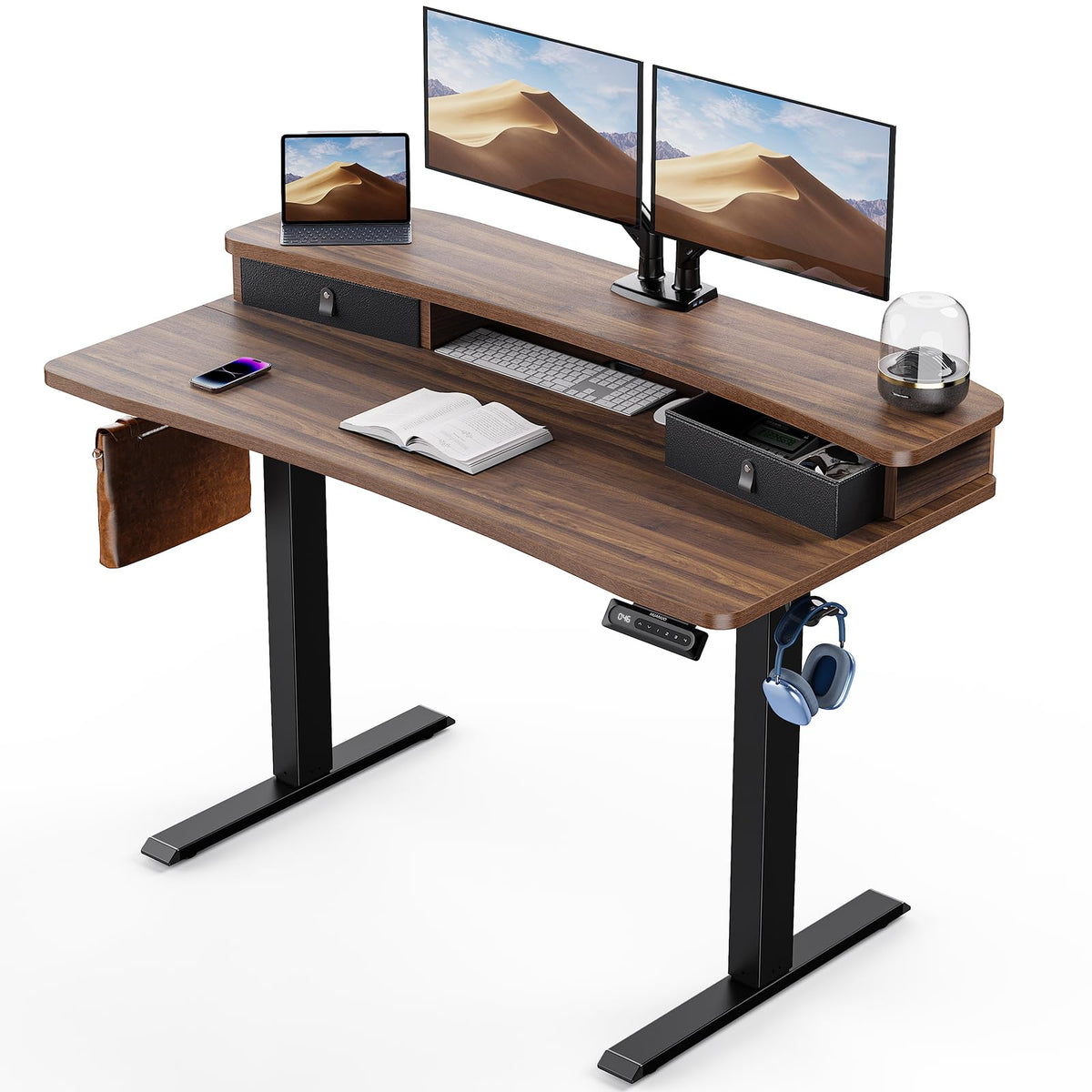 HUANUO 48″ x 28″ Electric Standing Desk with 2 Drawers, C-Clamp Mount Compatible, Height Adjustable Computer Desk, Home Office Stand Up Desk with 4 Preset Heights & 2 Hooks, Black
