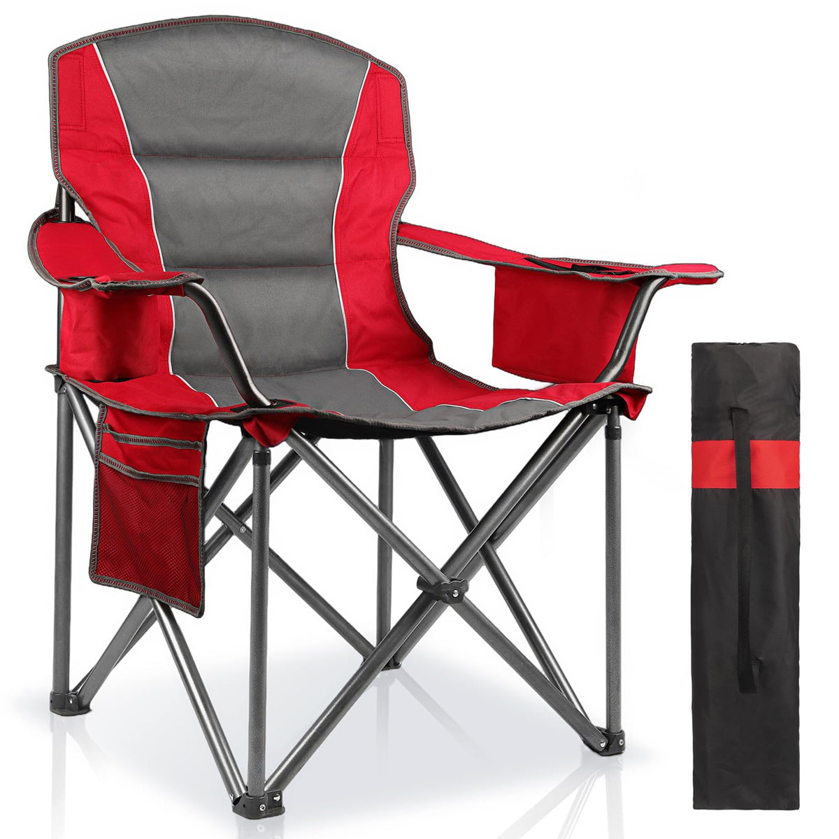 2 Pack Padded Oversized Camping Chairs for Adults,Heavy Duty Support 400 Lbs,Folding Portable Lawn Chair w/Cup Holder,Cooler Bag,Side Pocket,Perfect for Outdoor Picnic,Hiking(Orange&Blue)