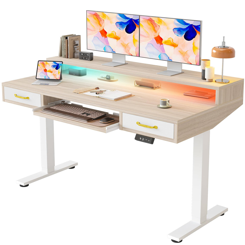 TIQLAB Standing Desk with Two Drawers, Stand Up Standing Desk Adjustable Height, Electric Sit Stand Table with Storage Shelf and Splice Board, with LED Light, 55 * 28 inch, Maple
