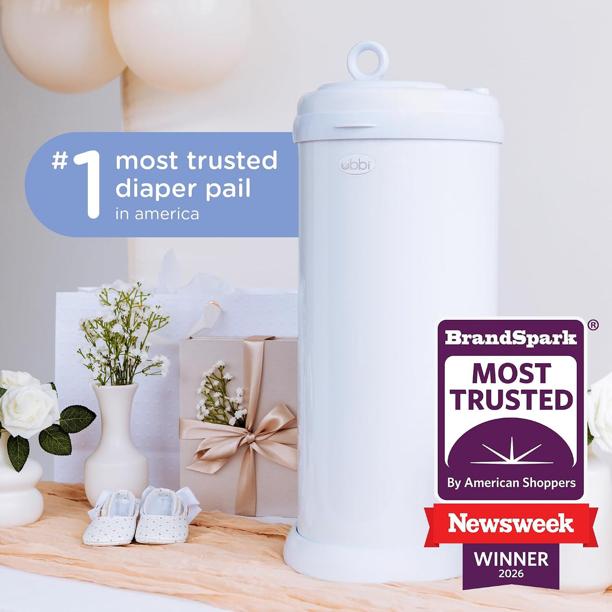 Ubbi Stainless Steel Diaper Pail, No Special Bags, Odor-Locking, Taupe