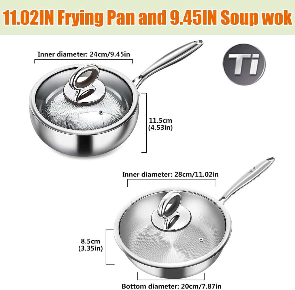 Titanium Cookware Set, 11'' Titanium Pans for Cooking, 9.45'' Soup Wok with Lid, Titanium Hammered Chef-Grade Design,PFAS/PFOA/PTFE-Free, Induction & Oven-Safe, Dishwasher Safe,Pan soup wok,11