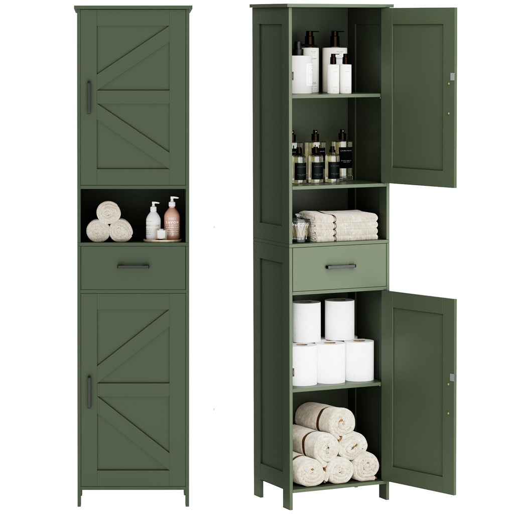 Homhedy 67" H Tall Bathroom Storage Cabinet with Barn Doors and Drawer